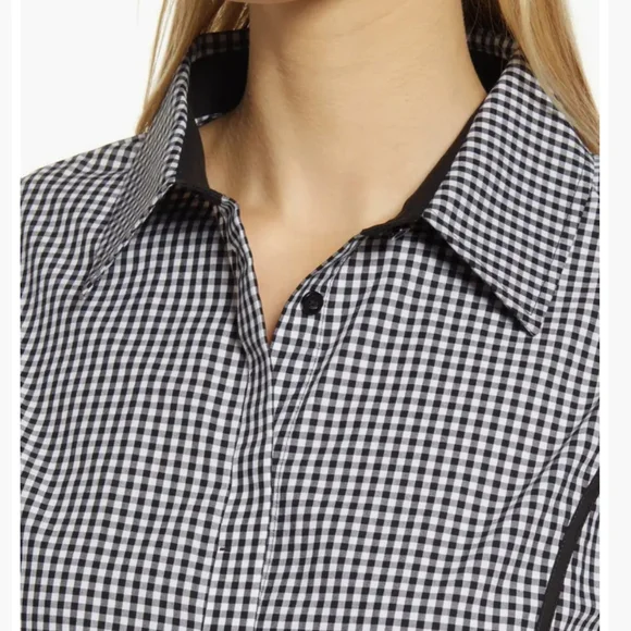 NWT Ming Wang Gingham Collared Sleeveless Button Down Blouse, Black & Wh…